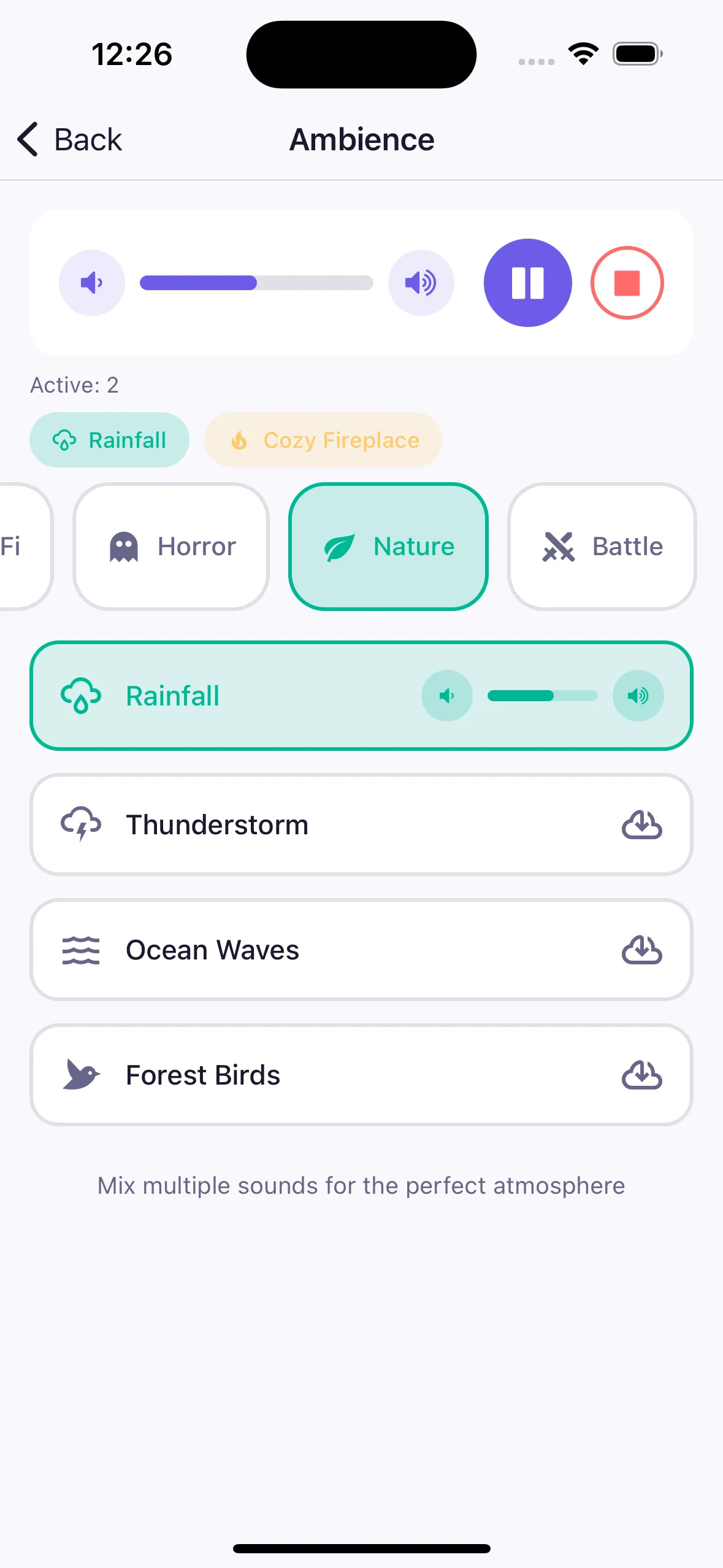 Board game ambient soundboard with adventure, dungeon, tavern, and battle audio