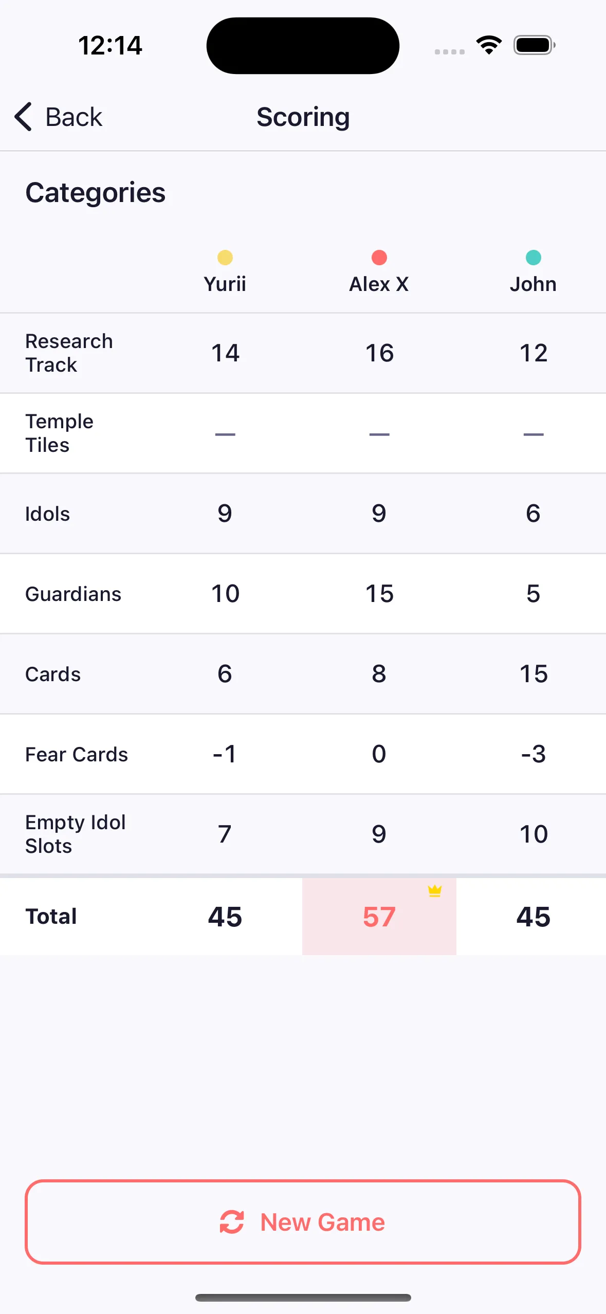 Board game digital score sheet with custom categories and automatic calculations