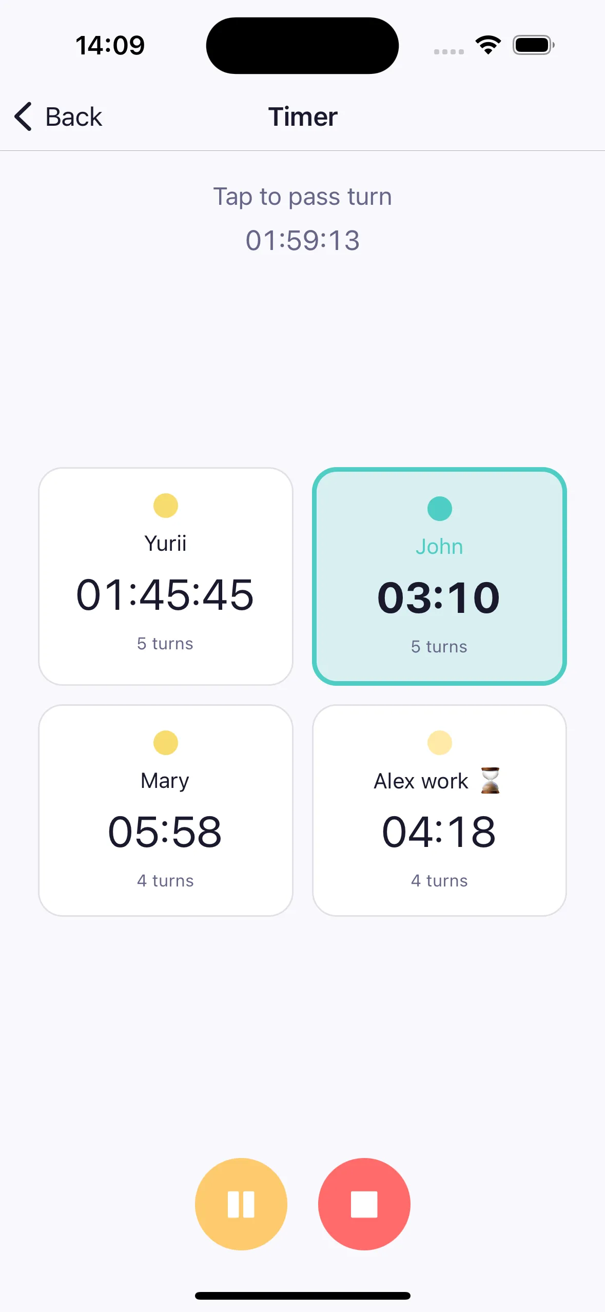 Board game turn timer with per-player countdown clock and turn tracker